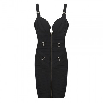 Women Black Bodycon Bandage Dress Front Zipper Sleeveless Mini Vestidos Evening Party Dresses